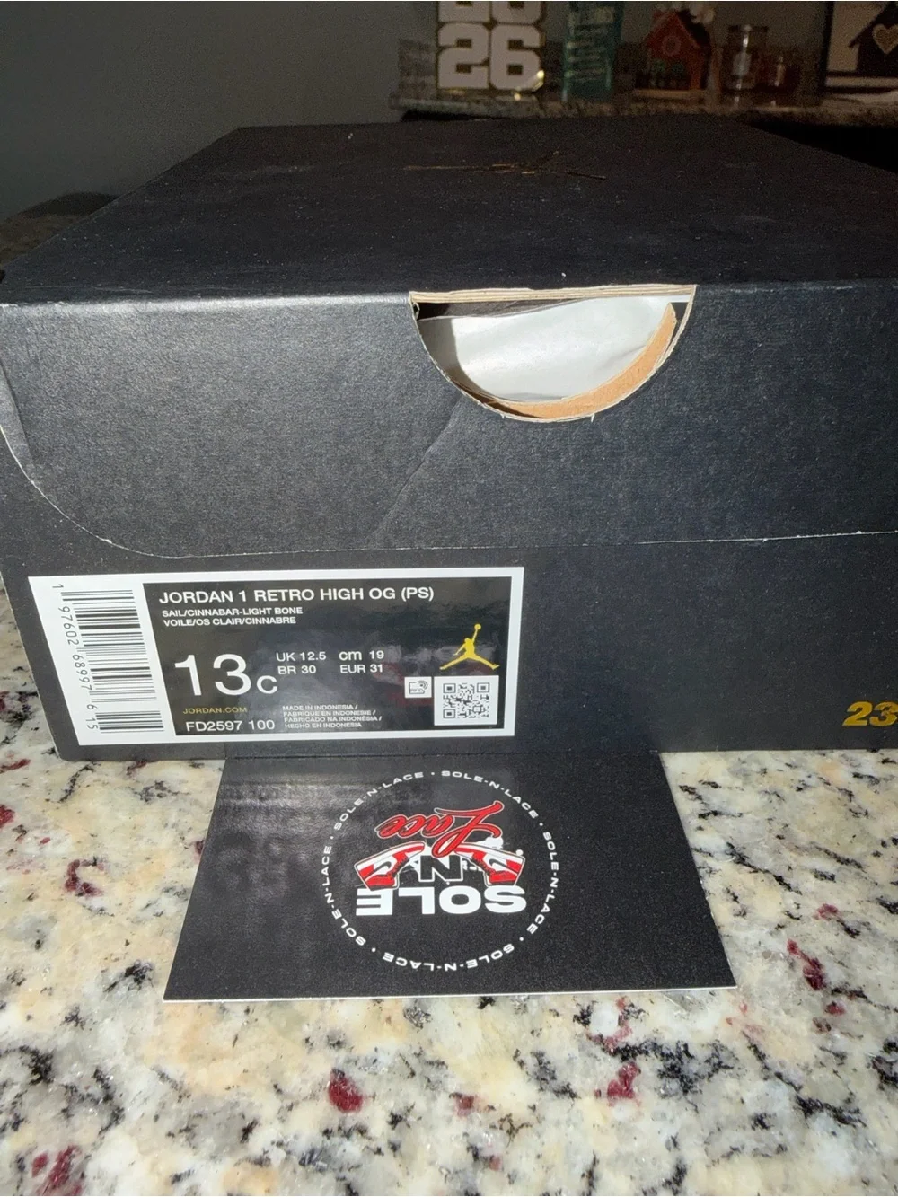 Size 13c Jordan 1 Retro High OG Rare Air Sail Cinnabar (PS) SKU FD2597-100